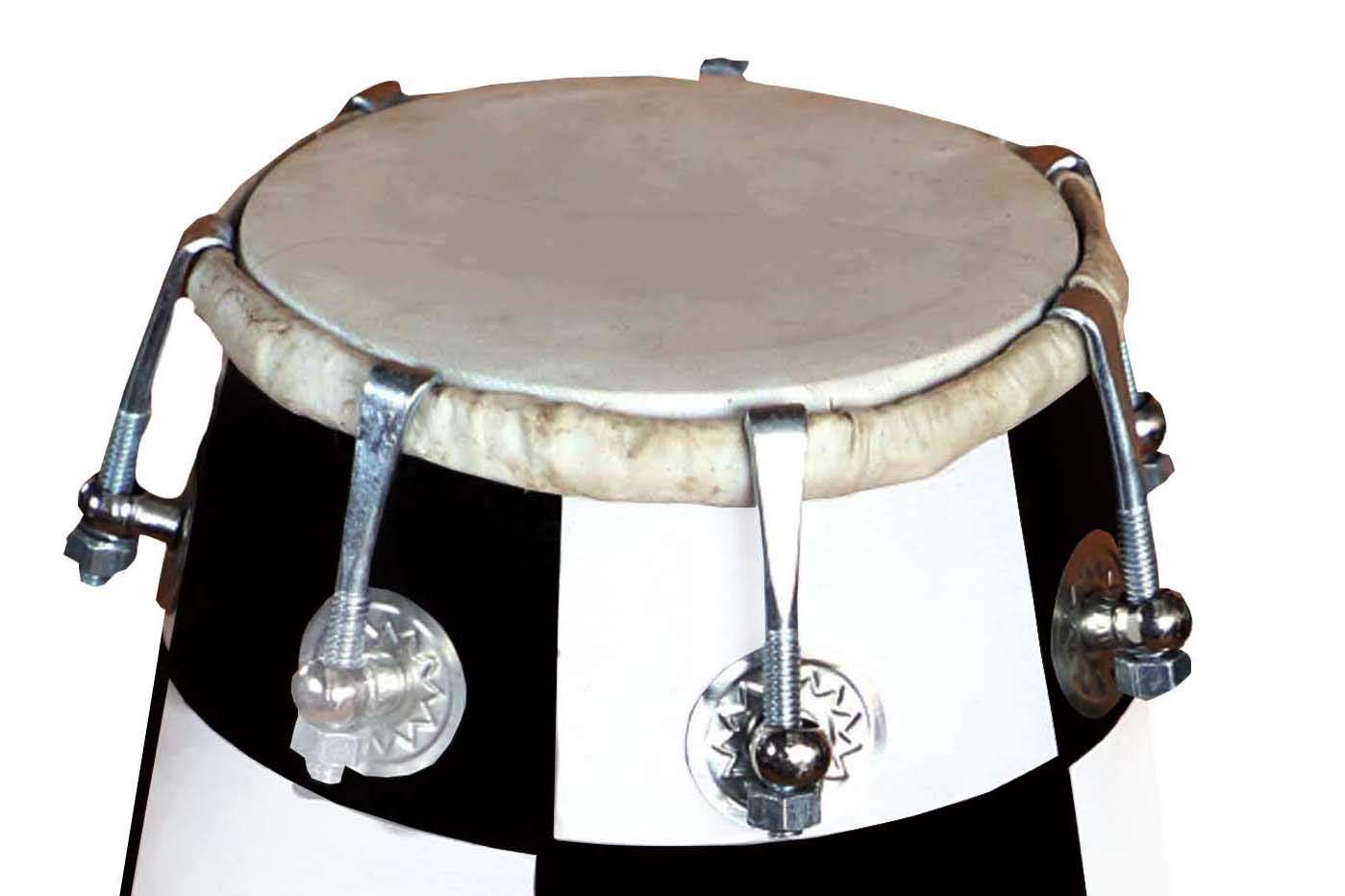 Handmade Mango Wooden 14" Baby Dholak Nut & Bold With Beautiful Check Design - Black & White Color | Goat Skin On Both Side