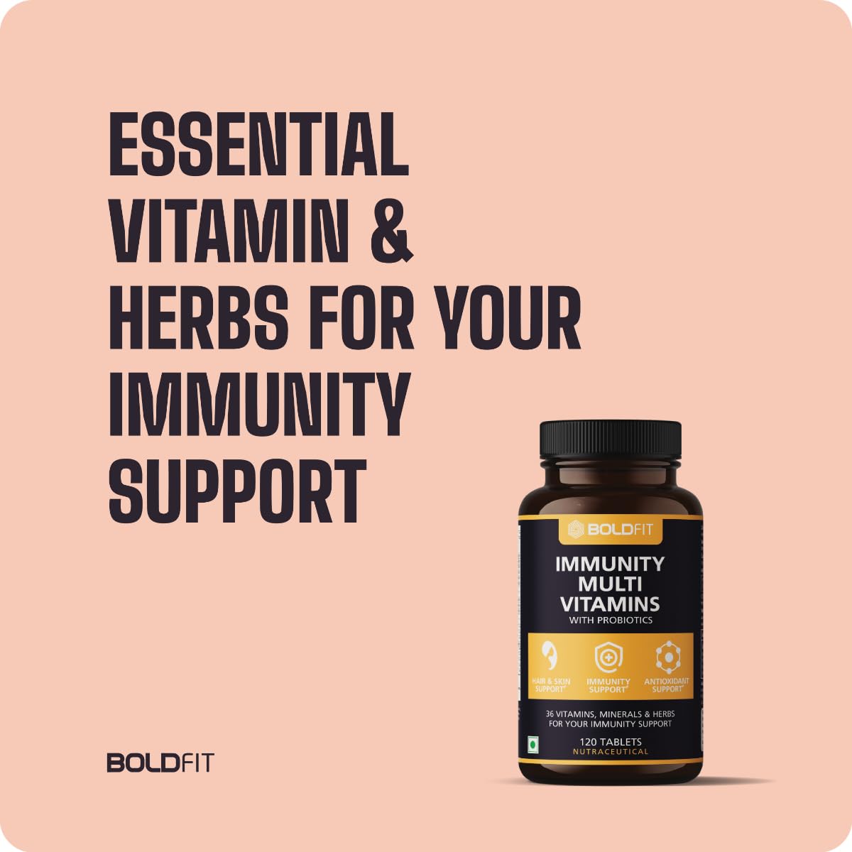 Boldfit Multivitamin For Men & Women With Probiotics Vitamin C, E, Zinc - For Immunity, Biotin, Healthy Hair, Skin & Nails | 120 Tablets , 250gm 0.5lbs