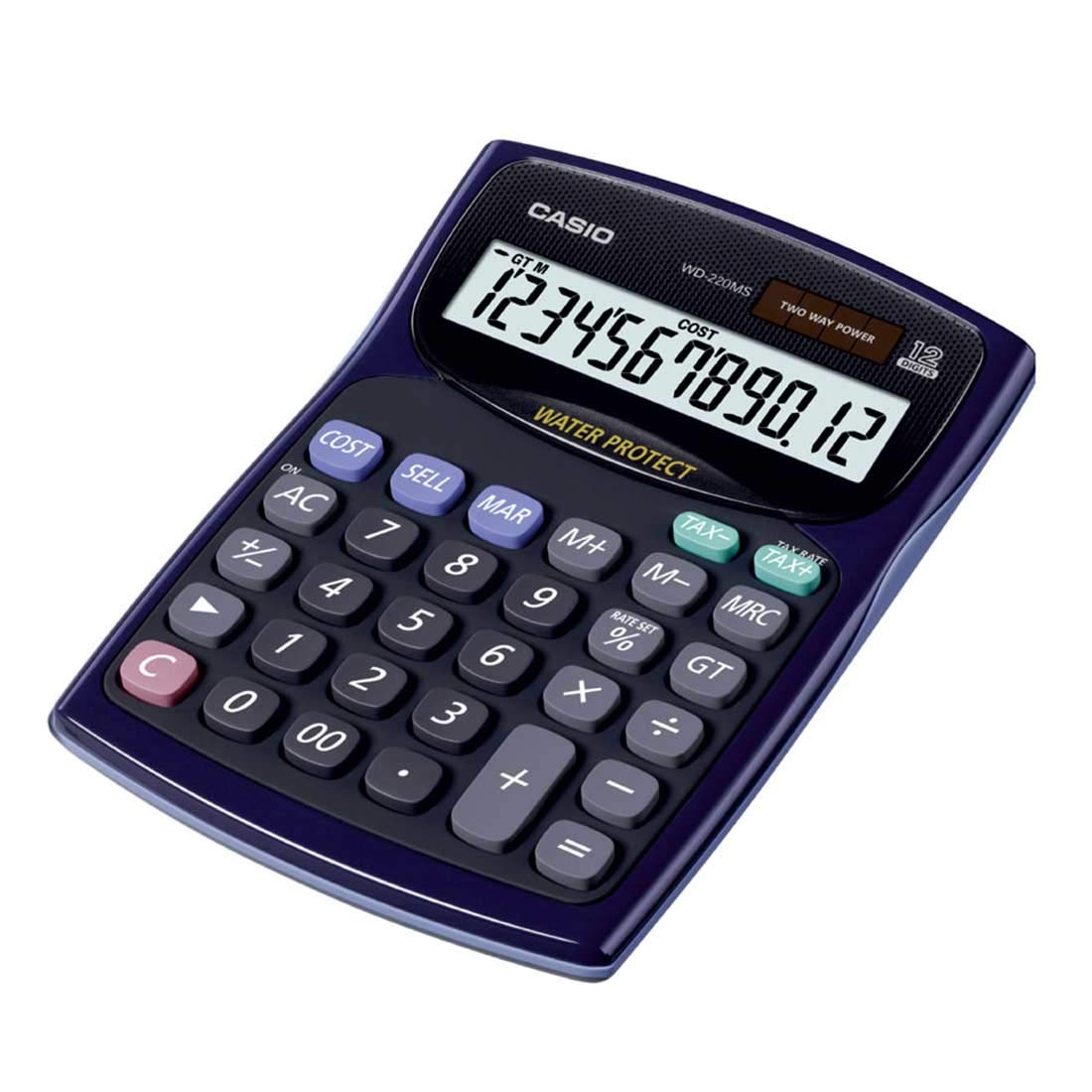 Casio Wd-220MS-BU Desktop Calculator - Water Protected And Dust Proof Standard Calculator | 12 Digits, 2-way Powered