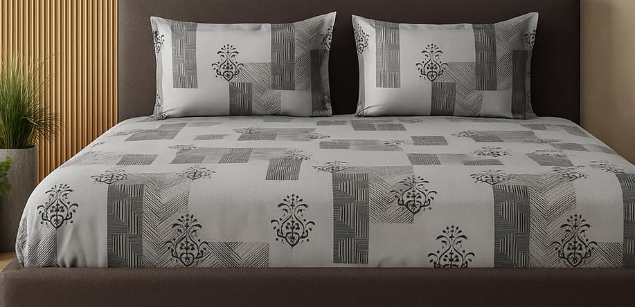 1 Bedsheet For Double Bed With 2 Pillow Covers - 90 X 100 Inches, Grey | Premium Cotton Material Double Bedsheet Queen Size | Skin Friendly & Long Lasting