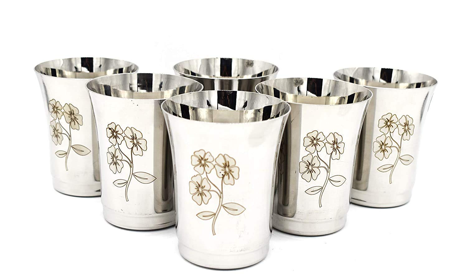 Silver Stainless Steel Water Glasses Set Of 6 - 350ml Each | Tableware Juice Glasses - Floral Design, Drinkware Glasses Set