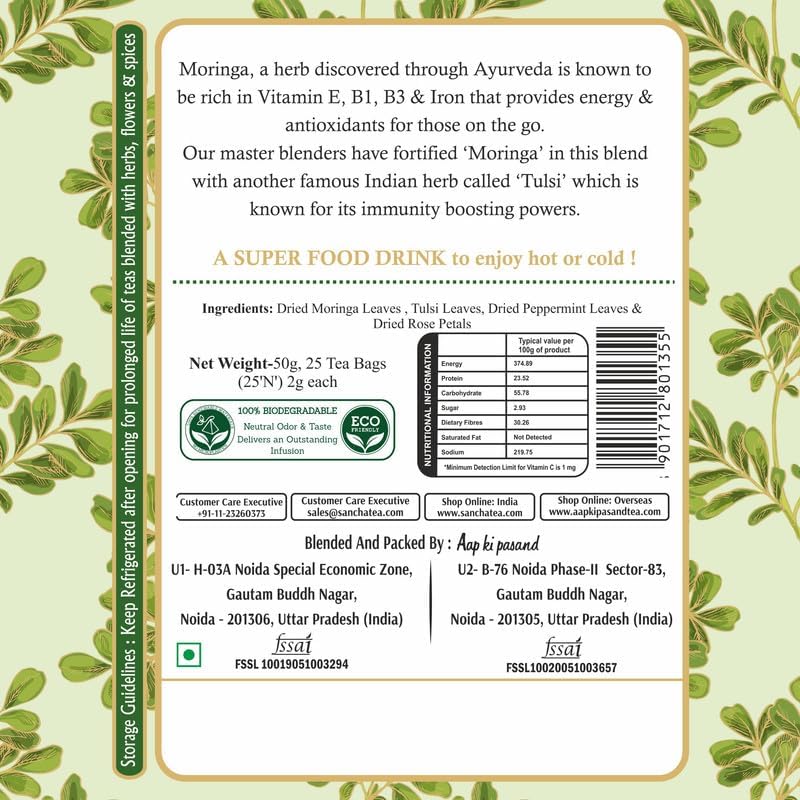 San-Cha Moringa Tulsi Tea - 25 Biodegradable Herbal Tea Bags | Promotes Increased Energy Levels & Muscle Relaxation - Zero Caffeine, No Artificial Flavors