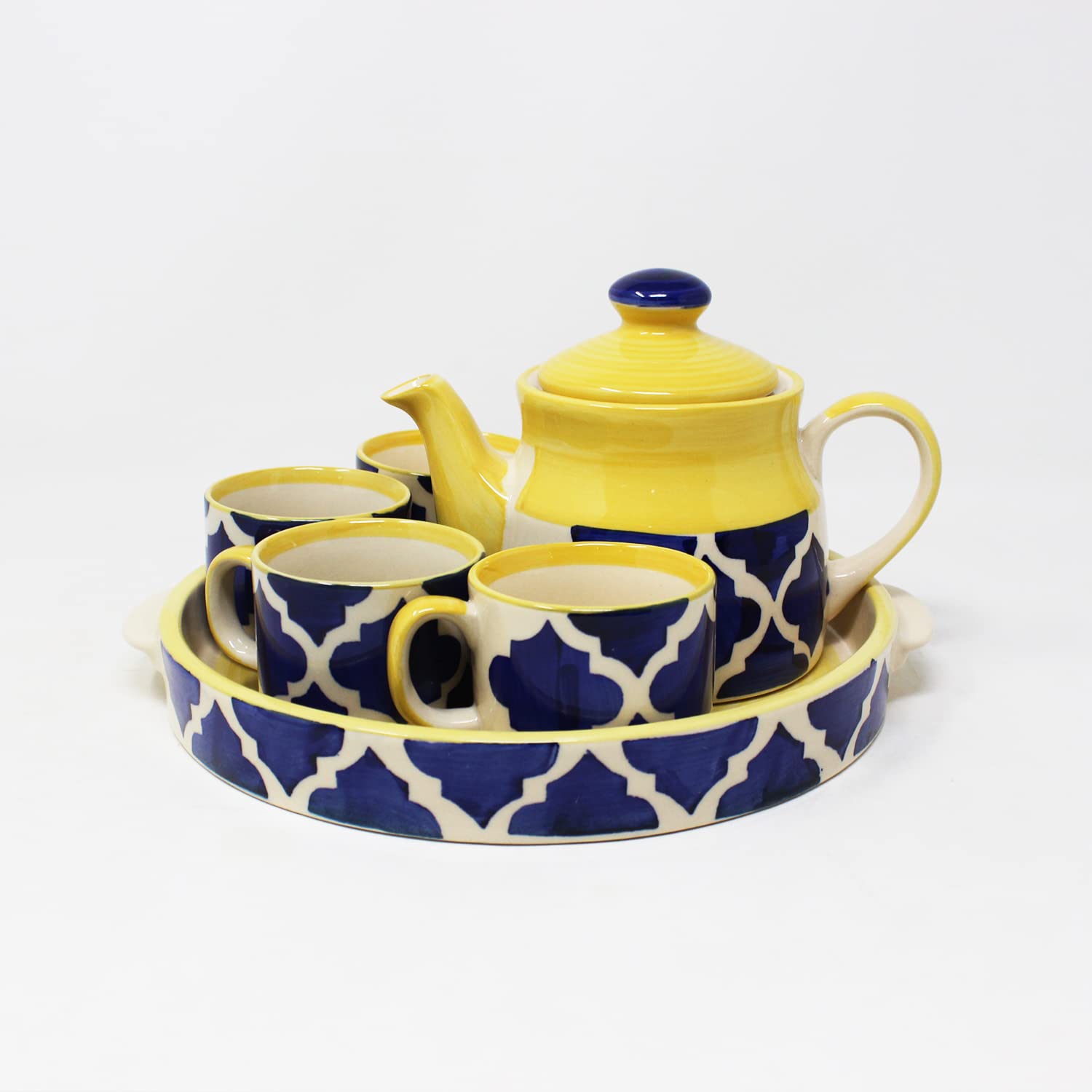 Hand Painted Blue Moroccan Tea Set With Kettle - Ceramic Tea Kettle Set With 4 Cups, 150ml Each + 1 Kettle, 700ml + 1 Tray | 6 Pieces - Microwave Safe & Dishwasher Safe