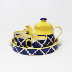 Hand Painted Blue Moroccan Tea Set With Kettle - Ceramic Tea Kettle Set With 4 Cups, 150ml Each + 1 Kettle, 700ml + 1 Tray | 6 Pieces - Microwave Safe & Dishwasher Safe
