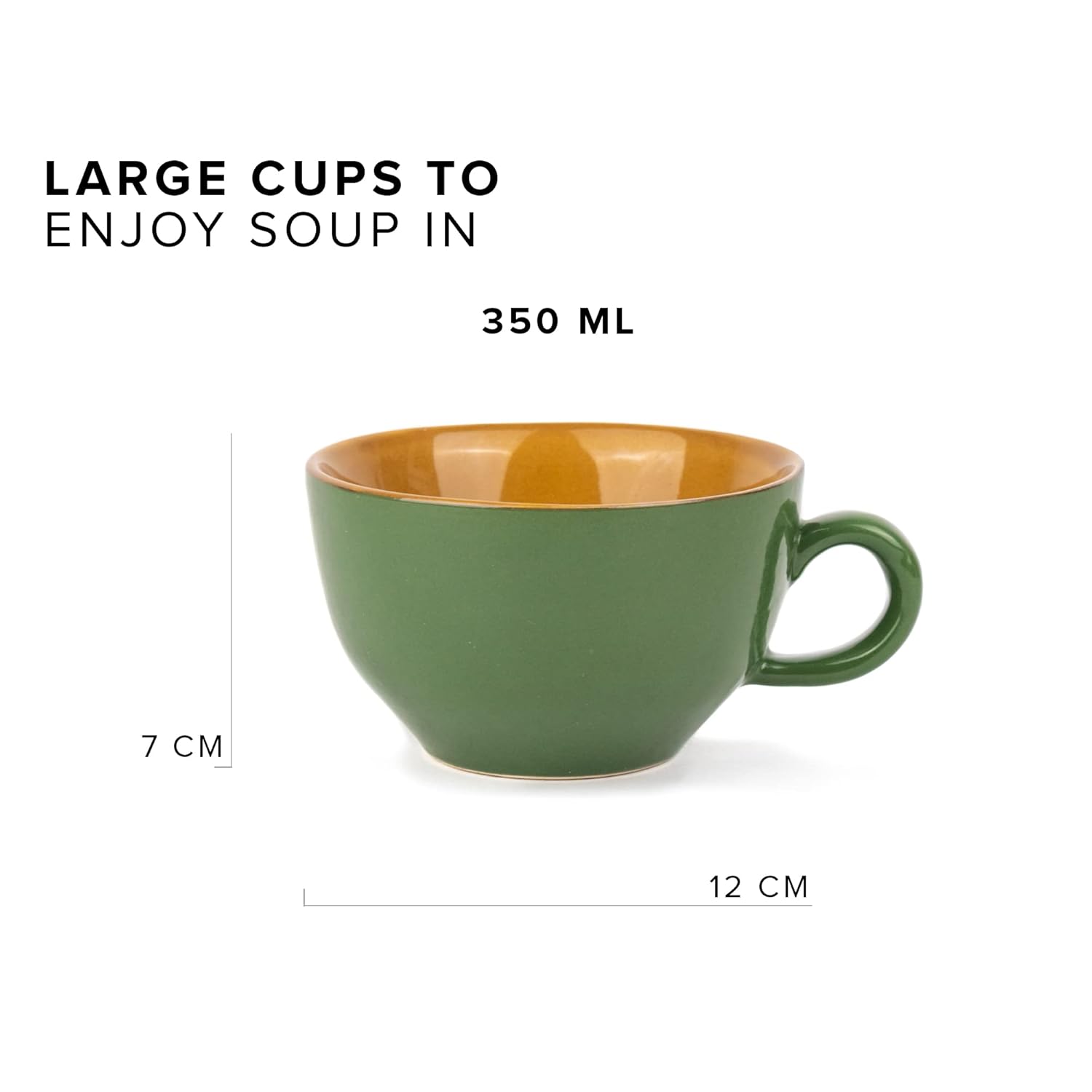 Ceramic Soup Bowl Set With Spoon Set Of 2 - Chrome Green, 350ml Each | Soup Mug - Soup Cup | 2 Soup Bowls + 2 Soup Spoons | Glossy Finish Ceramic Soup Bowls - Microwave Safe Soup Cup Set