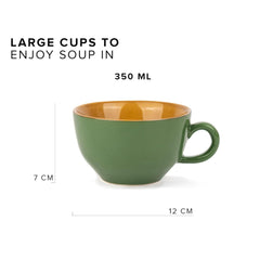 Ceramic Soup Bowl Set With Spoon Set Of 2 - Chrome Green, 350ml Each | 2 Soup Bowls + 2 Soup Spoons - Soup Mug, Soup Cup | Glossy Finish Ceramic Soup Bowls - Microwave Safe & Dishwasher Safe