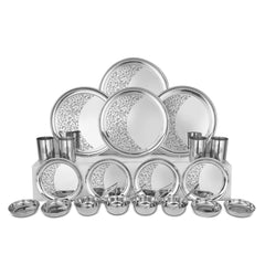 Designer Stainless Steel Floral Shagun Laser Bloom Dinner Set Of 24 Pieces, Silver | 4 Dinner Plate+ 4 Side Plate+ 4 Glass+ 4 Bidding Bowl+ 4 Pudding Bowl+ 4 Dinner Spoon