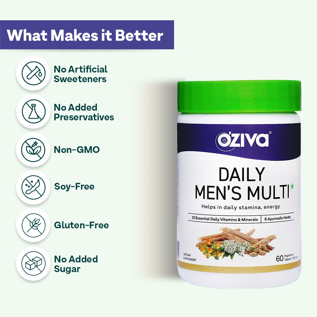 Oziva Natural Multivitamin For Men With Ashwagandha, Akarkara & Choline For Daily Stamina Strength & Energy | 60 Vegetarian Tablets , 100gm 0.2lbs
