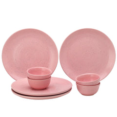 Hand Painted Stoneware Dinner Set Of 4 - Ceramic Pack Of 8 Pcs, Pastel Pink | 4 Dinner Plates + 4 Bowl Or Katori, 180ml Each - Microwave & Dishwasher Safe | Serving For 4