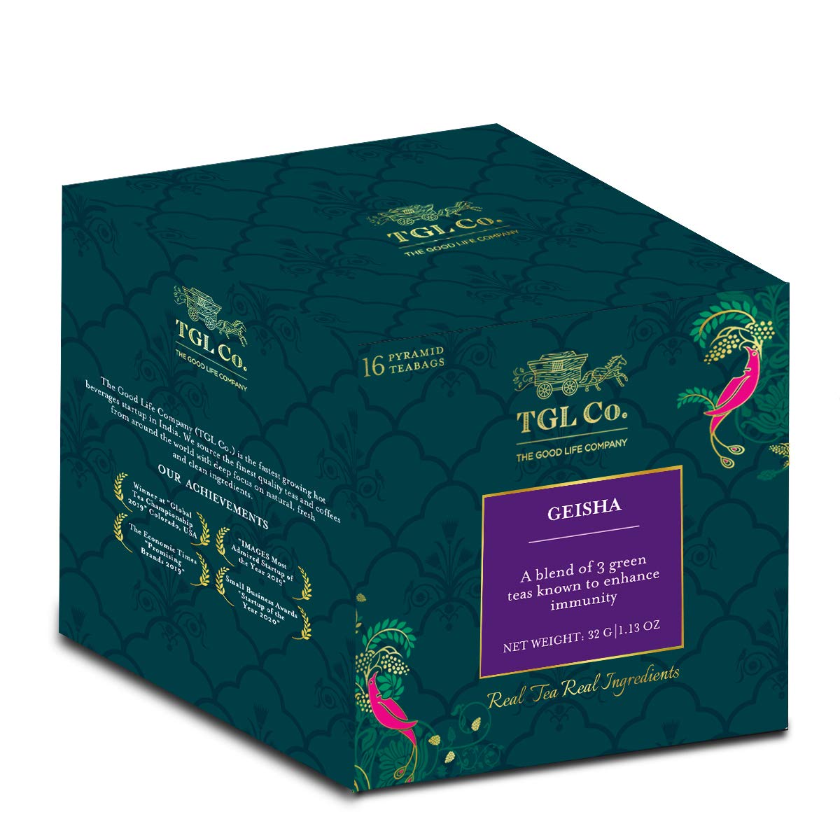 TGL Co. Geisha Green Tea - Pack Of 2 X 32gm, 1.1 Ounce Each, 32 Pyramid Tea Bags | Improves Bone Health, Immunity Booster - Medium Caffeine