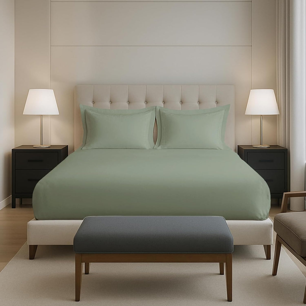 Plain Cotton Elastic Fitted Bedsheets Queen Size Two Pillow Cover - 63 X 78 Inches, Sea Foam | Breathable & Smooth Bedding Wrinkles | Elegant Hotel Like Look