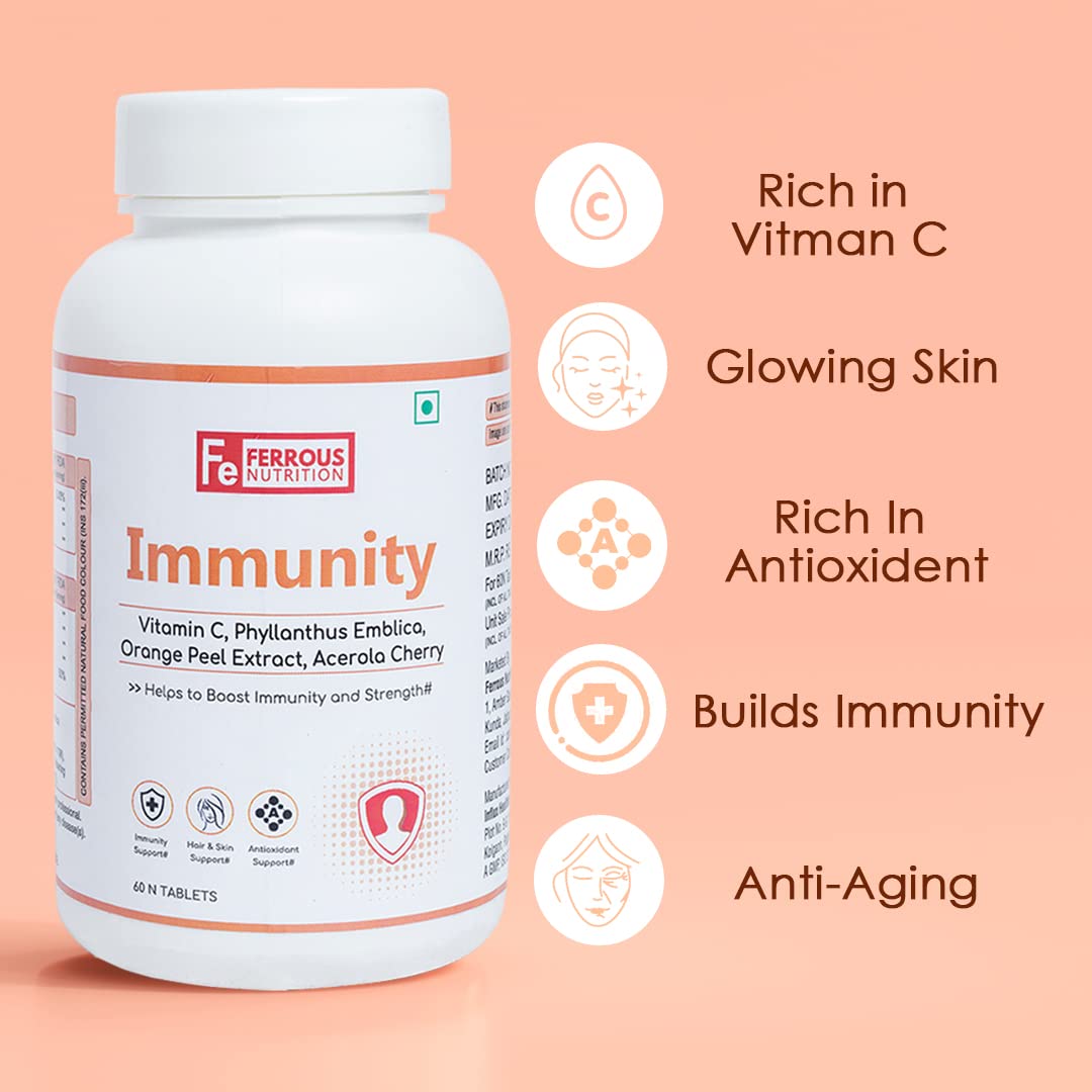 Ferrous Nutrition Immunity Vitamin C 1000mg Glowing Skin & Antioxidant | 60 Tablets , 100gm 0.2lbs