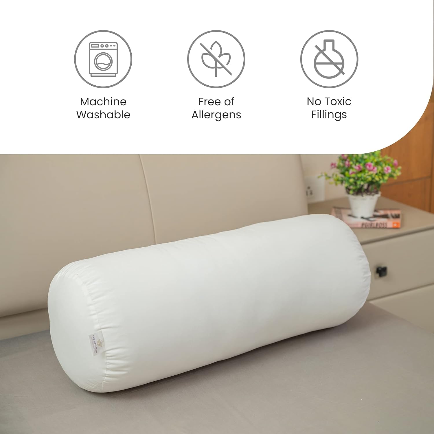 Microfiber Bolster Pillow For Bed & Sofa, Side, Round, White - 10 X 25 Inch | Diwan Cushions | Light, Soft & Fluffy For Neck & Back Support, Washable & Durable Pillow With Cover - Set Of 2