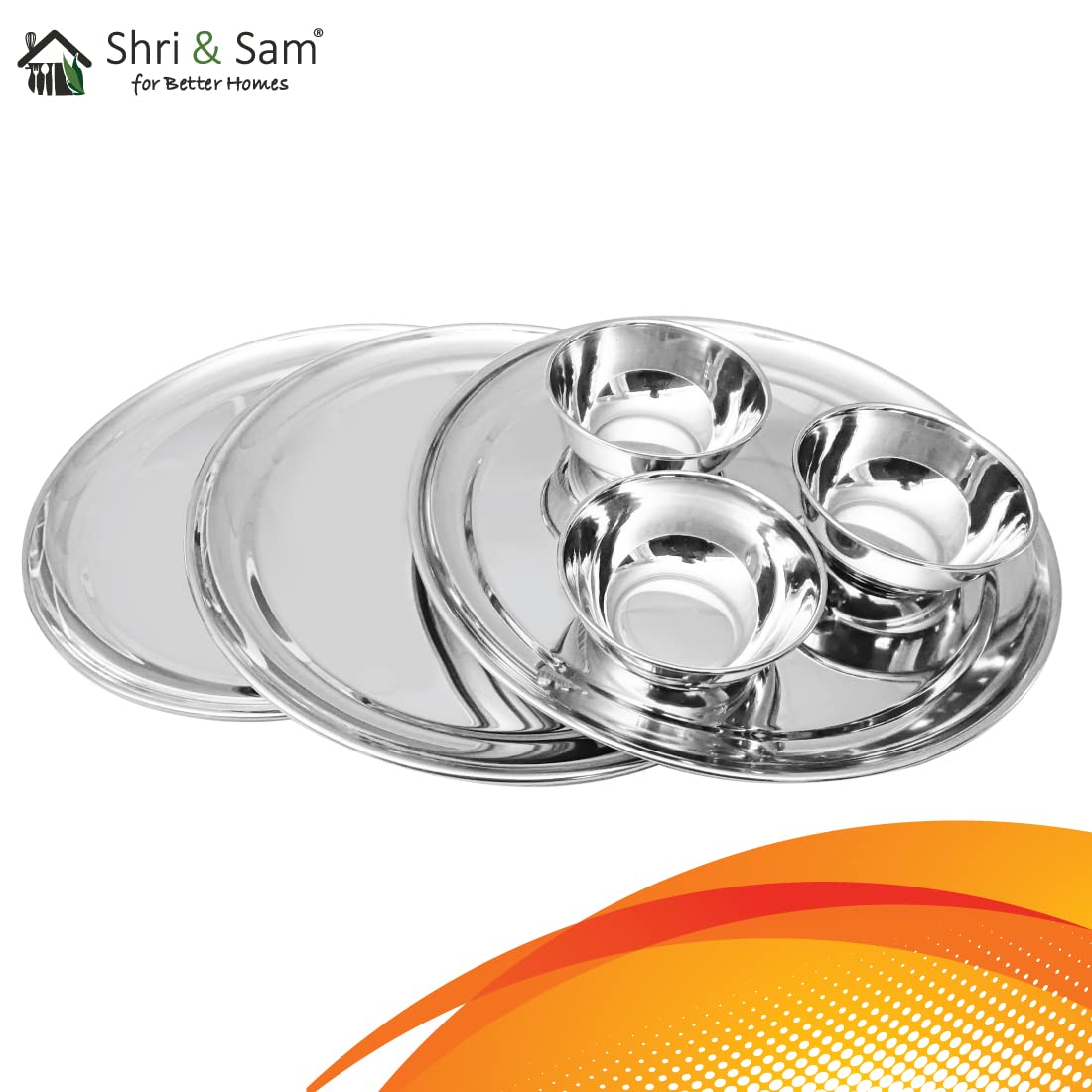 Stainless Steel Shagun Solid Dinner Set - 6 A Pcs, Silver | 3 Dinner Plates+ 3 Bowls - Easy To Care & Dishwasher Safe