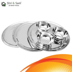 Stainless Steel Shagun Solid Dinner Set - 6 A Pcs, Silver | 3 Dinner Plates+ 3 Bowls - Easy To Care & Dishwasher Safe