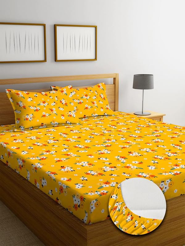 Premium Cotton Elastic Fitted Bedsheets With 2 King Size Pillow Covers - 72 X 78 + 10 Inches, Yellow & Red | Super Soft Brushed Glace | Breathable & Wrinkle Free