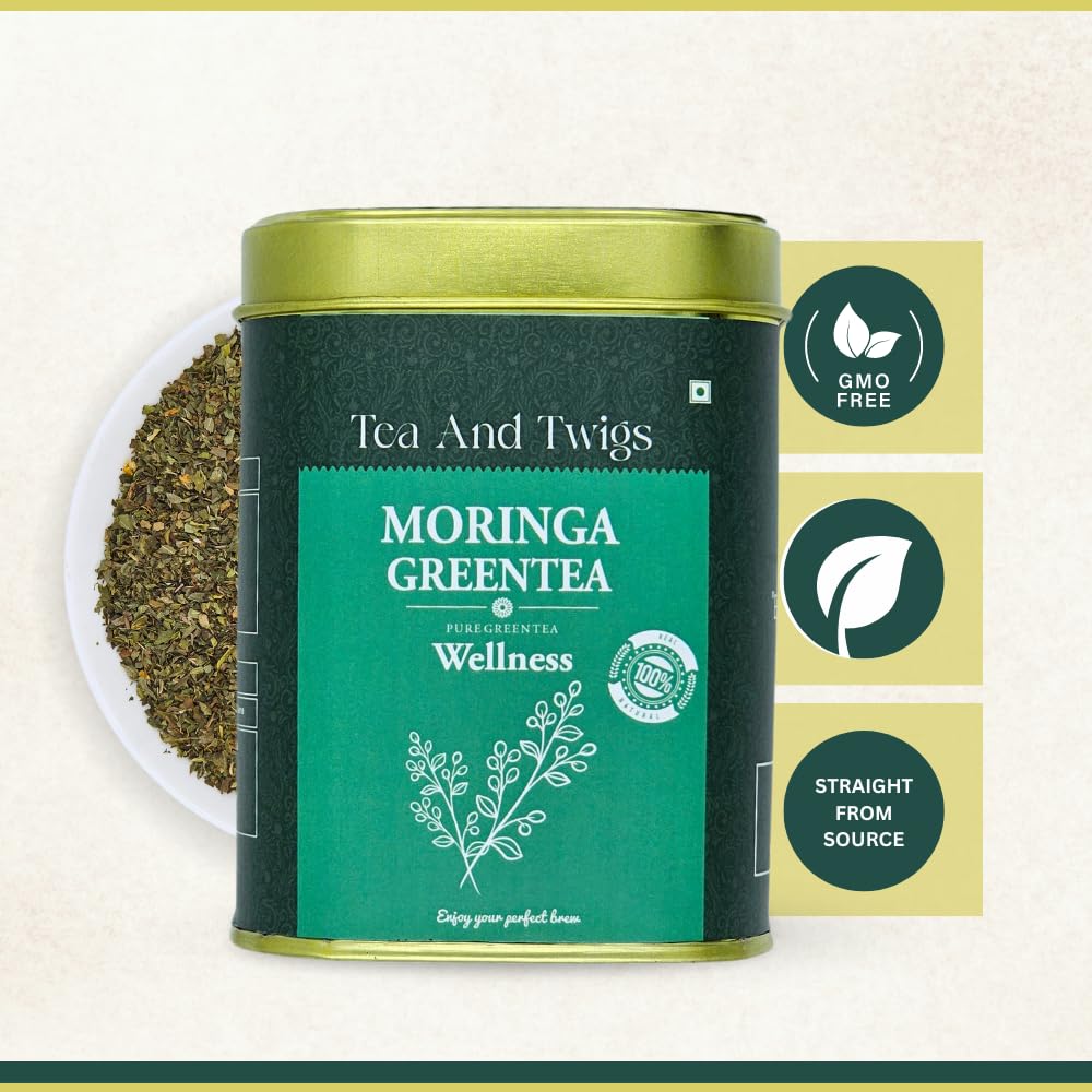 Tea And Twigs Moringa Green Tea - 30gm, 1.05 Ounce, 15 Pyramid Teabags | Wellness Boost, Superfood Medicinal Tea - Caffeine Free