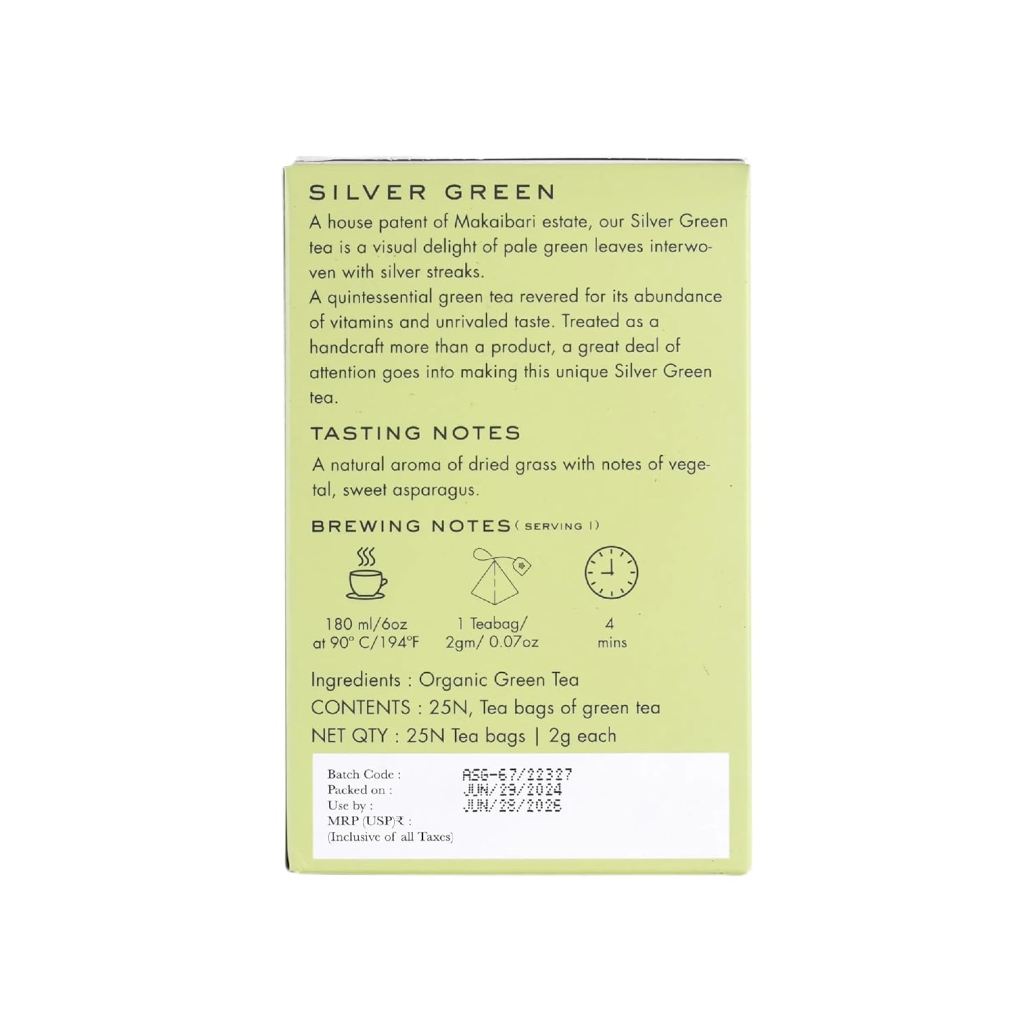 Makaibari Tea Treasures Silver Green Darjeeling Green Tea - 50gm, 1.7 Ounce, 25 Envelope Tea Bags | USDA Certified Premium Loose Long Leaf Green Tea - Medium Caffeine Loose Leaves