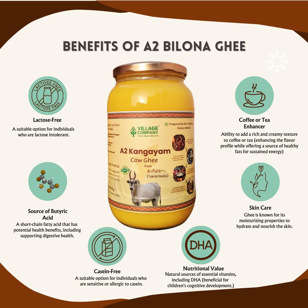 Premium A2 Kangayam Cow Ghee By Village Company | Rich In Nutrients Calcium & Iron Pure Healthy Desi Cow Ghee Good For Glowing Skin | 2 Litre (1 Litr * 2) 67.6 Ounce | Jar Pack