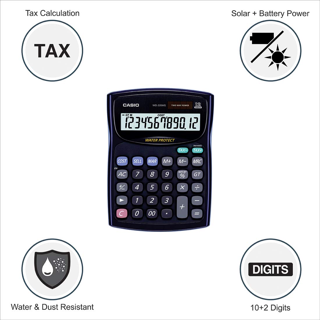 Casio Wd-220MS-BU Desktop Calculator - Water Protected And Dust Proof Standard Calculator | 12 Digits, 2-way Powered