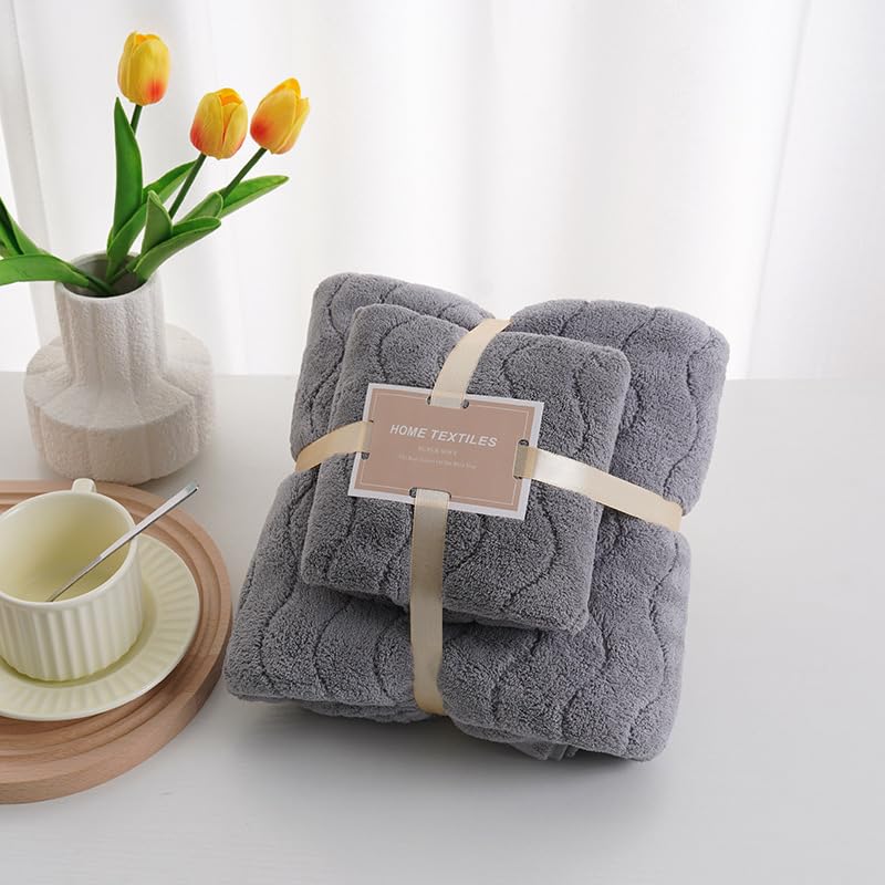 HomeCloud Microfiber Soft & Fuffy Bath & Face Towel 400 Gsm With Hanging Loop | 3x Softer Than Cotton Towels | Highly Absorbent Set Of 2 (Waves Grey)