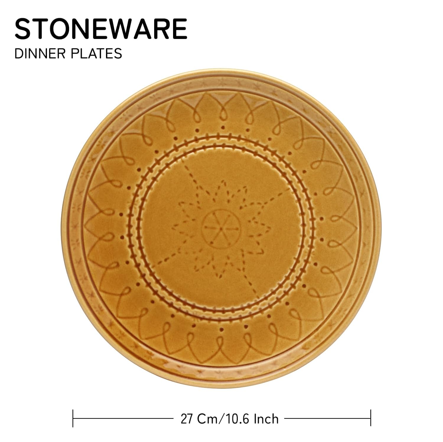 Ceramic Hand Glazed Stoneware Embossed Large Dinner Plates Set Of 4 - 10.6 Inch, Golden Brown | Microwave Safe & Dishwasher Safe