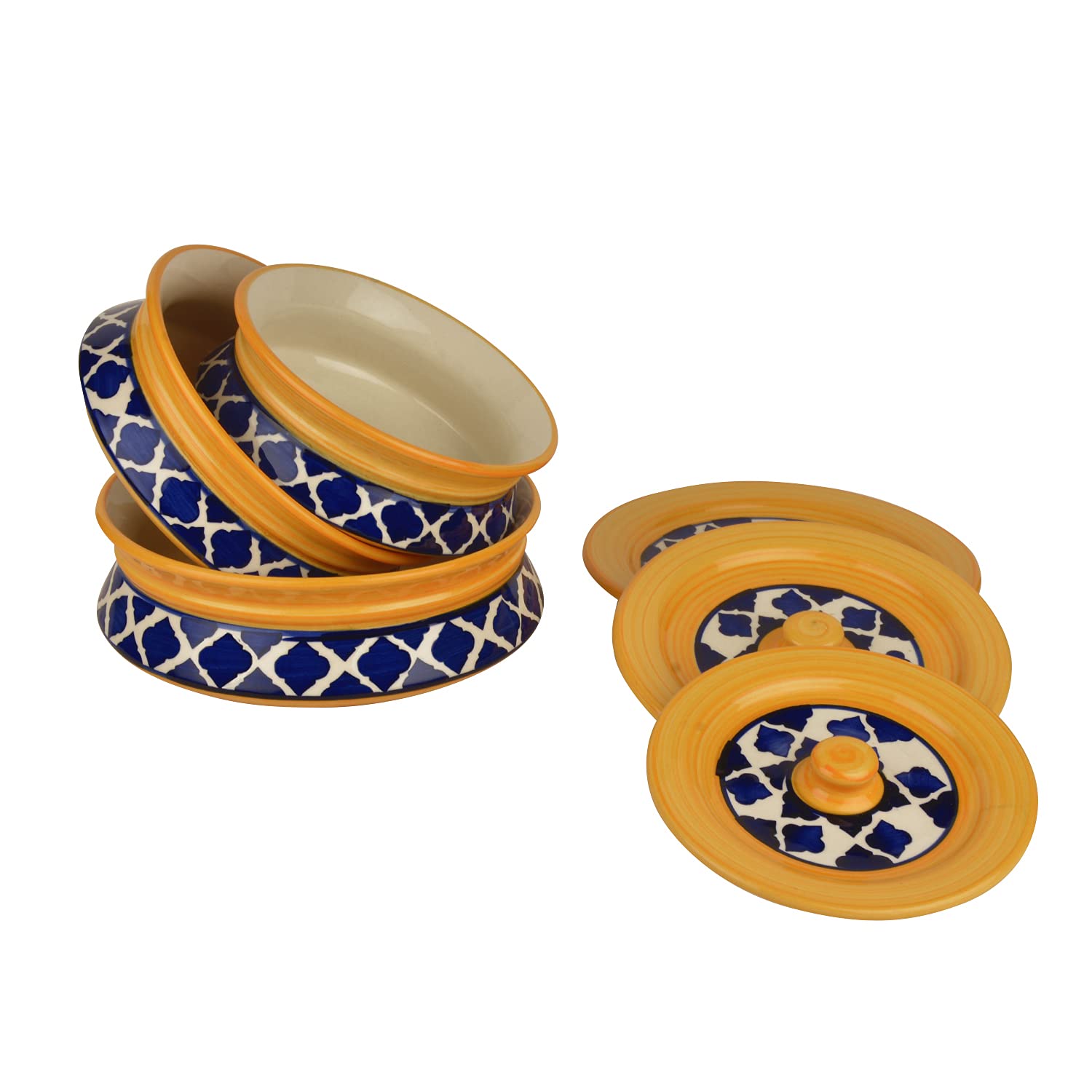 Hand Painted Ceramic Handi With Lid Set Of 3 - 1500ml, 1000ml & 700ml, Blue & Yellow | Dinner Serving Bowls - Biryani Handis, Serving Pots