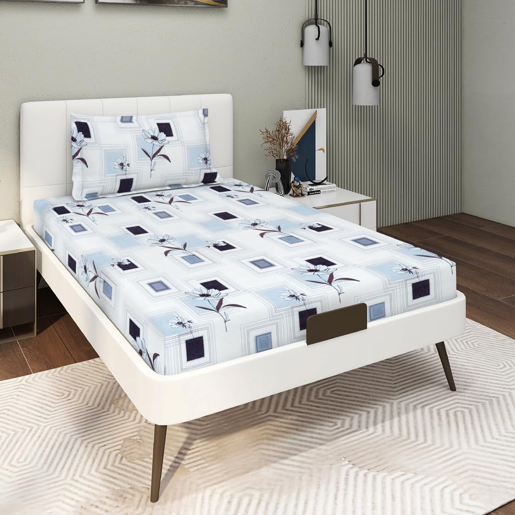 1 Single Bedsheet With 1 Pillow Cover - 60 X 90 Inches, White & Blue | All Around Elastic Fitted Bedsheets | Hand Wash Or Machine Wash Warm