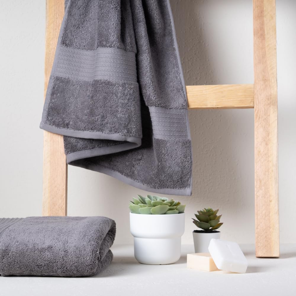 Feather & Spun Organic Cotton Bath Towel 650 Gsm | Lavender Fragrance Gots Certified Anti Microbial Fade Resistant Double Needle Stitch Towel (Charcoal Stone)