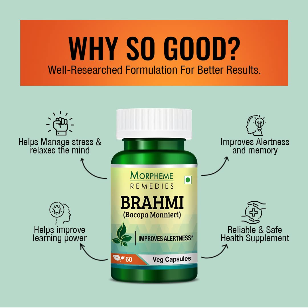 Morpheme Remedies Bacopa Brahmi Extract 500mg, Improves Alertness, Known As A Good Ingredient For Brain | 60 Capsules 100gm 0.2lbs Each Pack Of 2