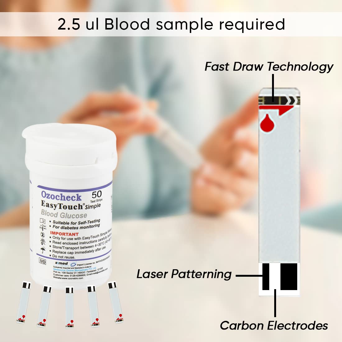 Ozocheck OZET050 Blood Glucose Test Strips | Accurate & Fast Results - Pack of 50 Strips (Only Strips)