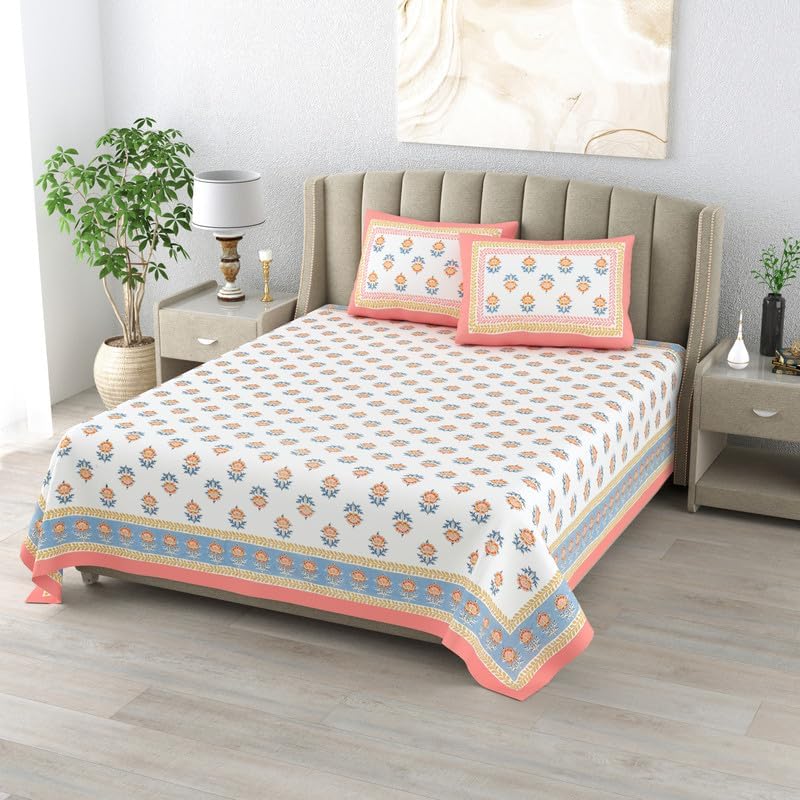 100% Cotton King Size Bedsheet With 2 Matching Pillow Covers - 90 X 108 Inches, Peach & White | Designer Printed Bedsheet Set - Naturally Soft, Breathable, & Skin-Friendly