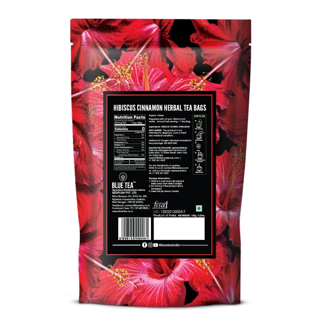 Blue Tea Caffeine Free Hibiscus Cinnamon Herbal Tea - 60 Pyramid Tea Bags | Skin Glow Enhancing Tea - Gluten Free, Non GMO | Plant Based Tangy Flavor - Zip Lock Pouch