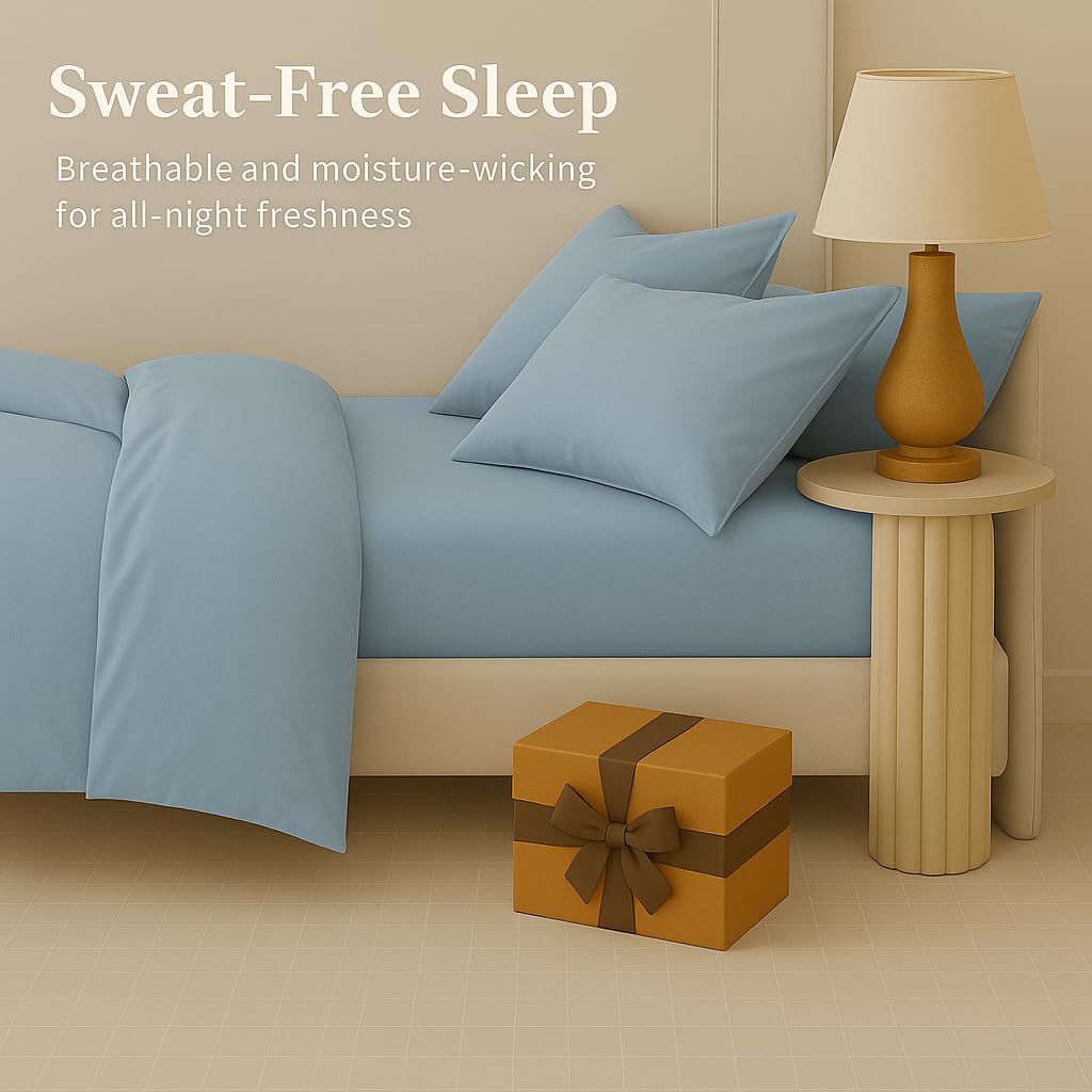 Double Bedsheet For Queen Size With 2 Matching Pillow Cover - 90 X 100 Inches, Sky Blue | Breathable & Durable, Soft Touch & Perfect For All Seasons