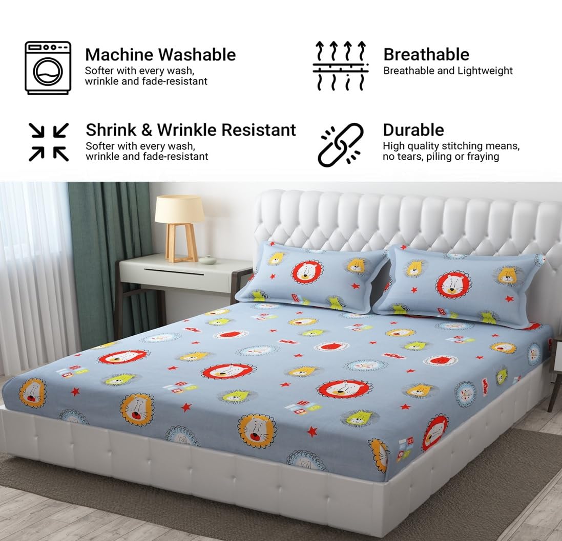 Wrinkle Free Soft Kids Double Bedsheets For King Size With 2 Pillow Cover | 90 X 95 Inches, Grey | Cartoon Printed Design | Child Bedroom Decor