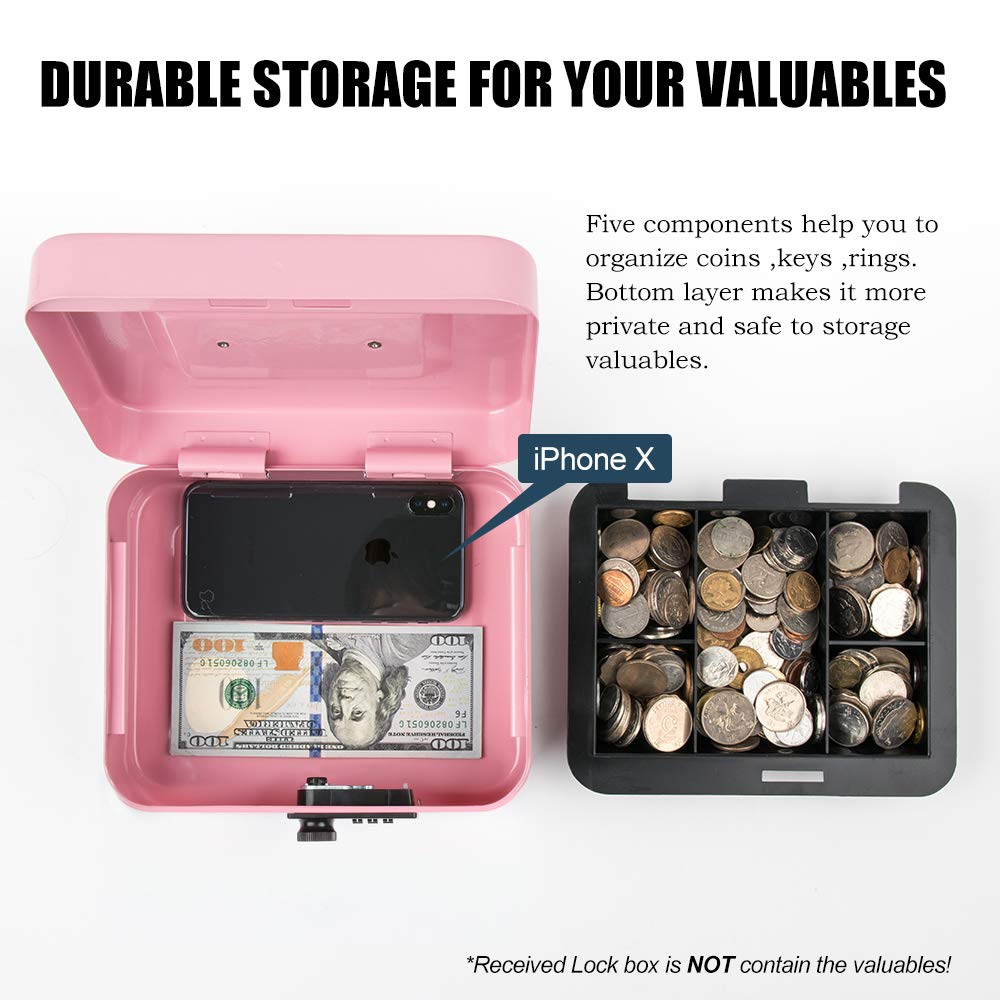 Medium Metal Cash Box With Combination Lock Safe & Money Tray For Security 7.87"X 6.30"X 3.54" Colour - Pink