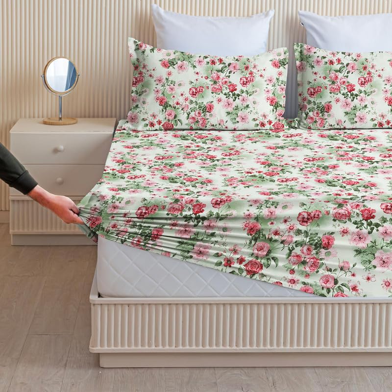 Cotton Fitted Bedsheets With 2 Matching Pillow Covers For King Bed | Size 78x72+10 Inches, Green & Pink - Soft, Durable & Wrinkle Free | Ideal For Daily Use