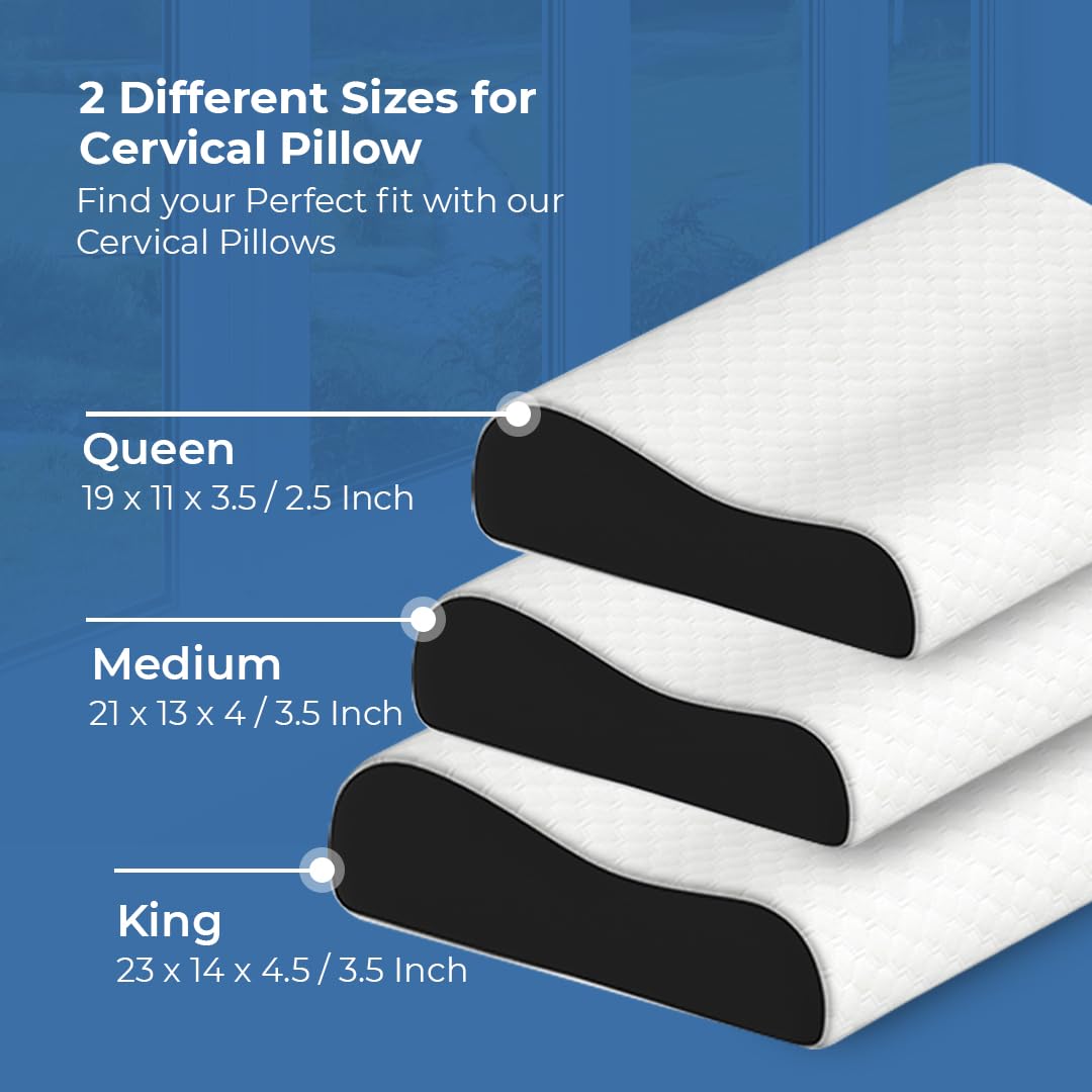 Memory Foam Cervical Pillow, Neck Pain Relief Sleep, Queen - 19 X 11 X 3.5 Inch | Improves Posture Spinal Alignment, Shoulder Pain Relief, White Jacquard Cover | White Pillow - Pack Of 1