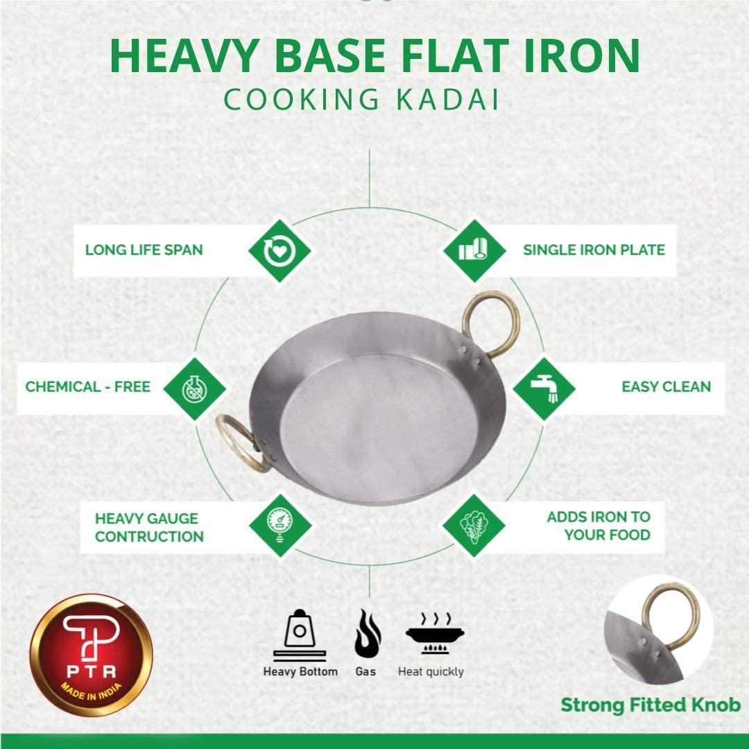 Iron Flat Kadai + 1 Wooden Spatula Free | Tai Or Fry Pan Or Tai For Making Jalebis, Dal Tadka, Tavi For Kitchen & Cooking Use, 10 Inches