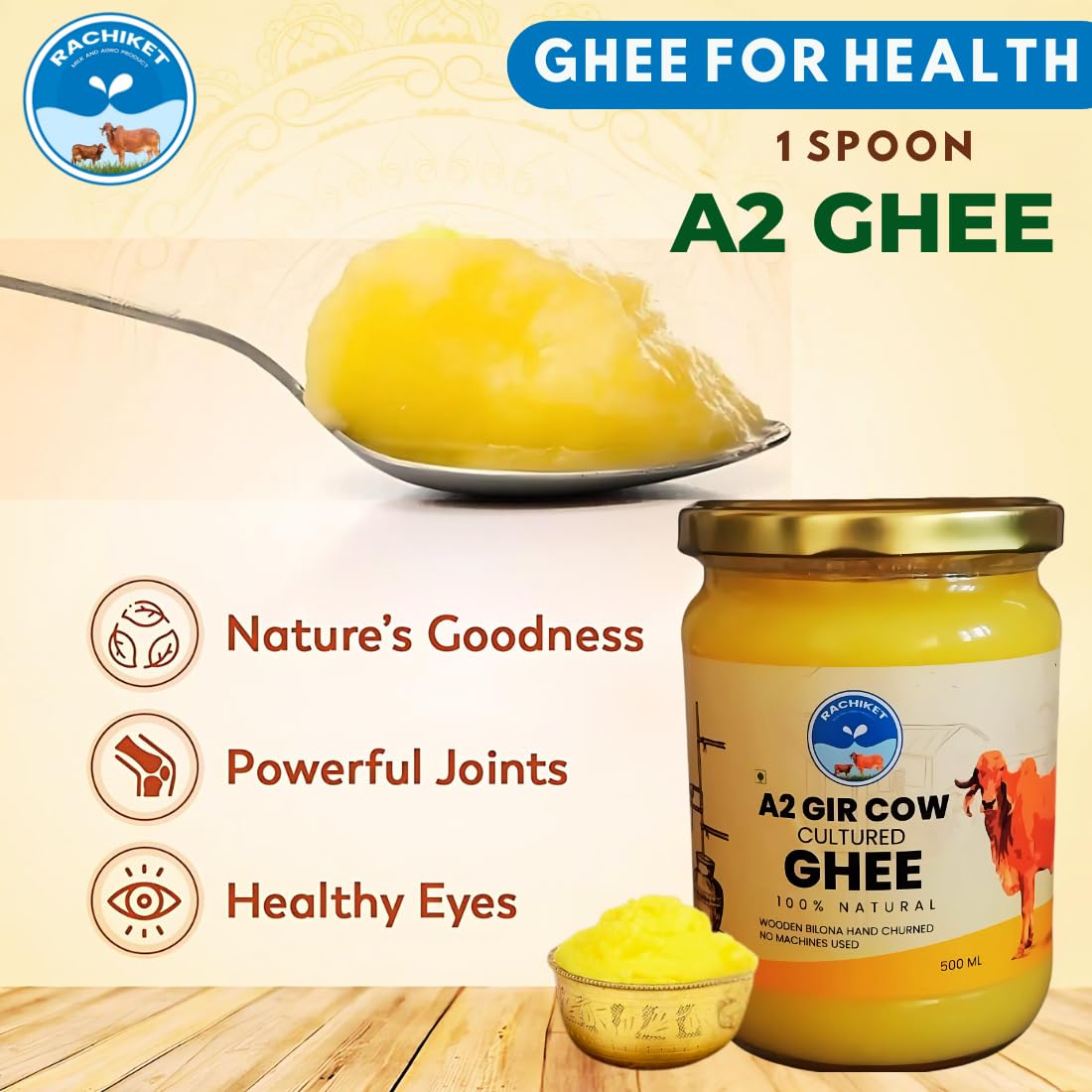 Premium Natural A2 Gir Cow Ghee By Rachiket | Rich In Nutrients & Healthy Fats Bilona Cow Ghee Good For Brain Health | 1 Litre (500ml * 2) 33.8 Ounce | Jar Pack
