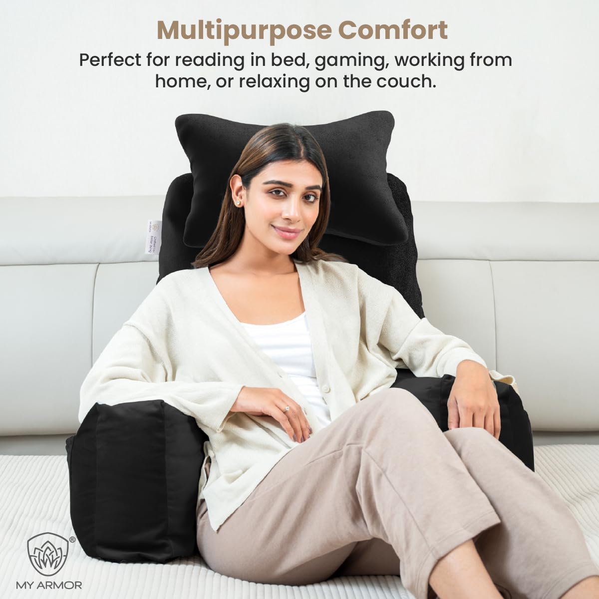 Backrest Pillow For Bed With Detachable Neck Rest & Support Arms - Black | Soft Reading Pillow, Back Support Wedge Pillow For Working, Seating & Relaxing In Bed, Adjustable Pillow