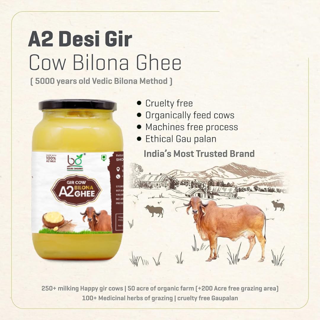 100% Natural A2 Gir Cow Ghee By Bhumi Organic | Naturally & Healthy Bilona Method Cow Ghee | (1 Litr) 33.8 Ounce | Jar Pack
