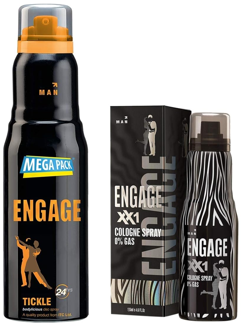 Engage Tickle Deodorant 220ml 7.4 Fl.oz. & XX1 Cologne No Gas Perfume For Men Citrus & Spicy Skin Friendly 135ml 4.5 Fl.oz.