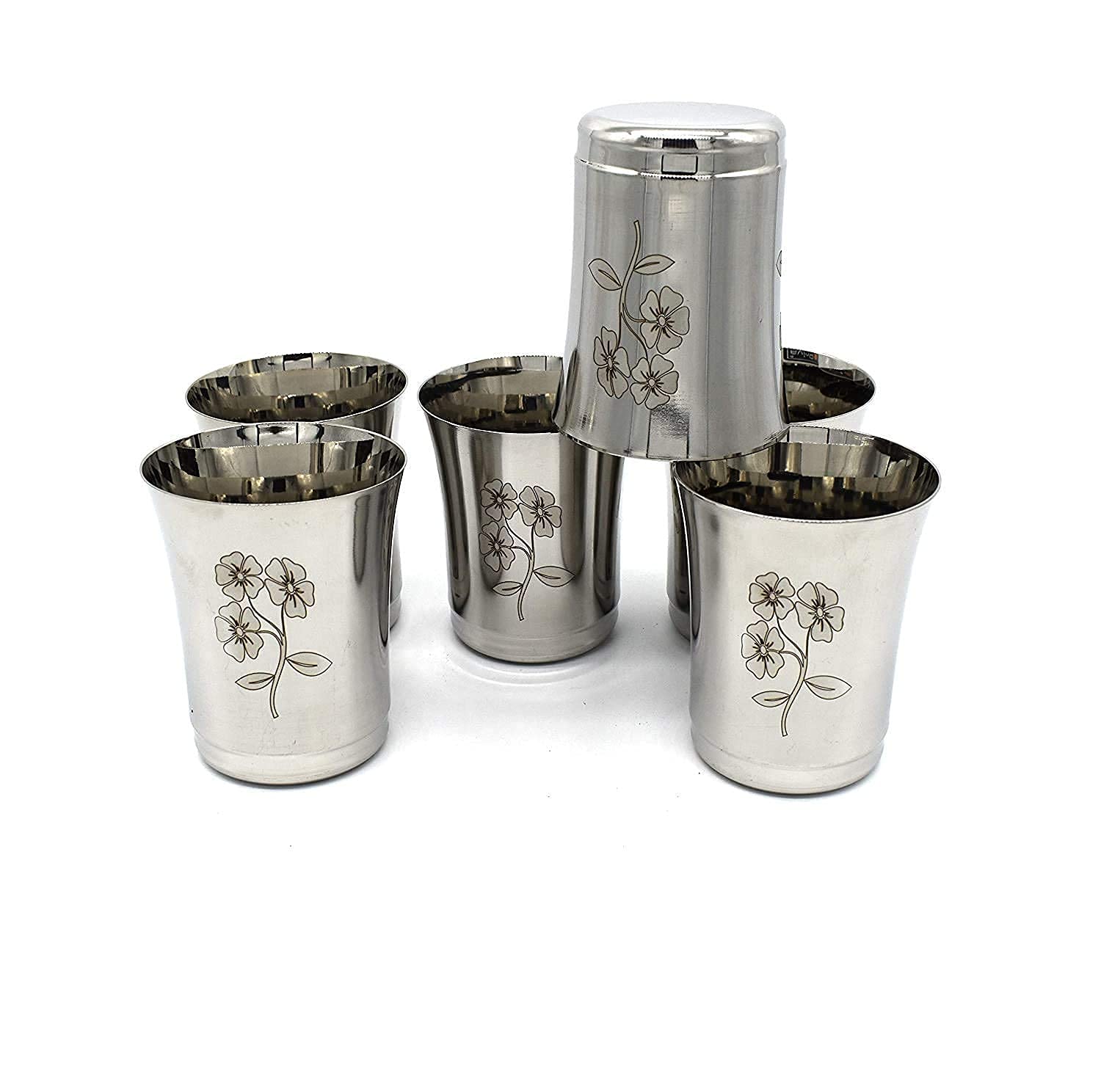 Drinkware Stainless Steel Glasses Set - 350ml Each | Steel Drinking Glass Silver Tableware - Flower Design Glass Set Of 12