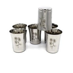 Drinkware Stainless Steel Glasses Set - 350ml Each | Steel Drinking Glass Silver Tableware - Flower Design Glass Set Of 12