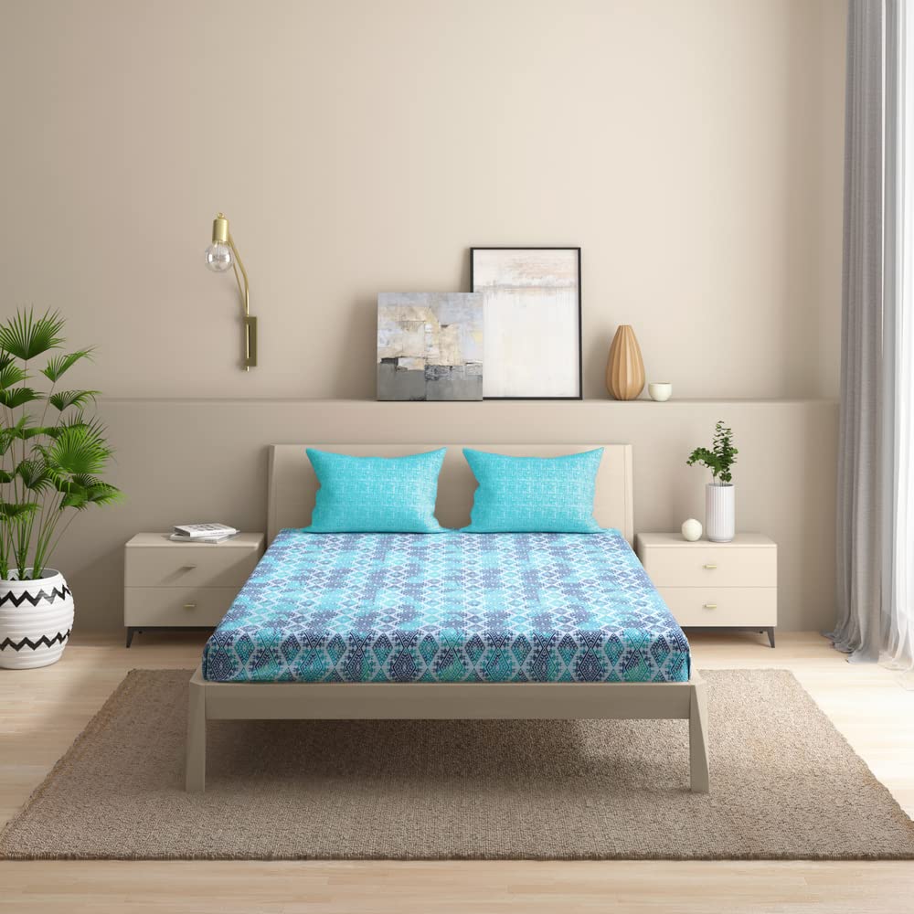 1 Double Bedsheet With 2 Matching Pillow Covers 72 X 48 Inches, Sky Blue & Black | 200 Thread Count Durable & Long Lasting | All Around Elastic Fitted Sheet
