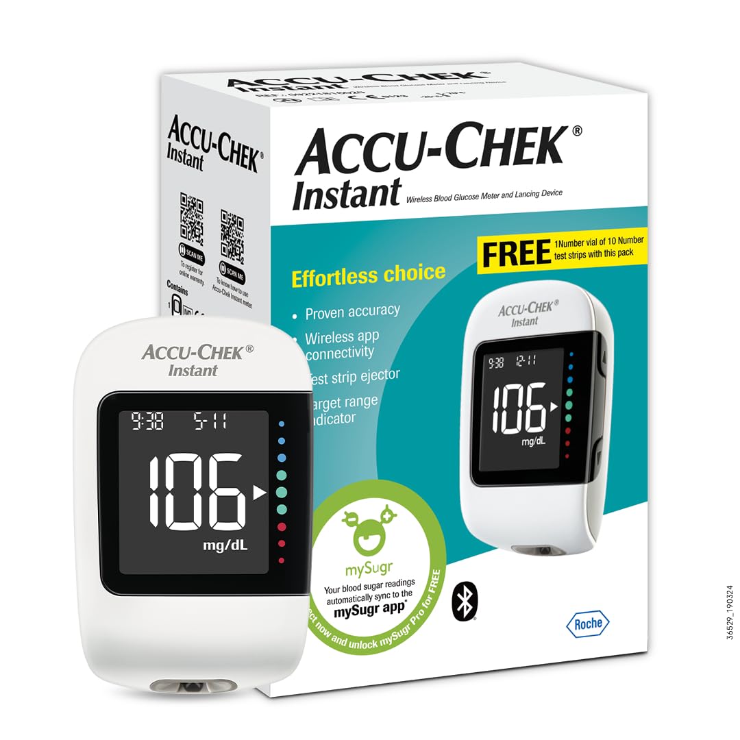 Accu-Chek Instant Blood Glucose Glucometer (with Bluetooth) with Vial of (10 Strips) 10 Lancets and a Lancing Device FREE for Accurate Blood Sugar Testing