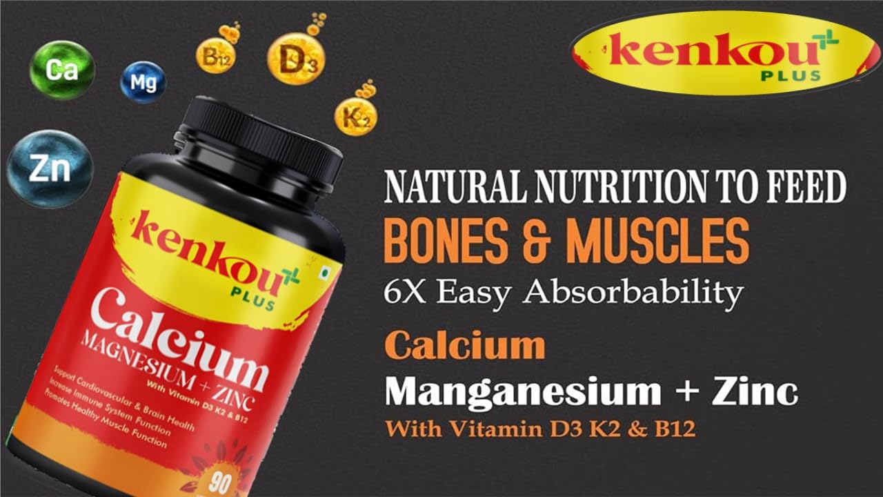 Kenkou Plus Calcium Magnesium Zinc With Vitamin D3 K2 & B12 | 90 Veg Capsule , 150gm 0.3lbs