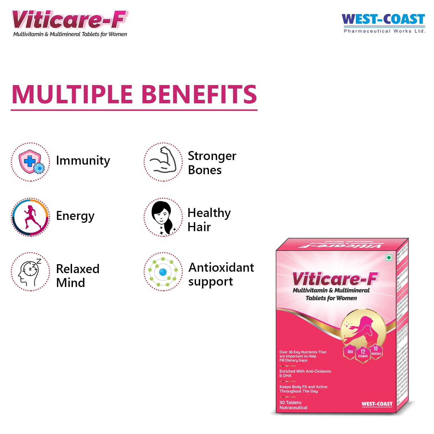 West - Coast Viticare F Multivitamin, Multimineral & Antioxidants Tablets, Over 24+ Key Nutrients For Daily Nutritional Requirement With Grape Seed Extract | 30 Tablets , 50gm 0.1lbs