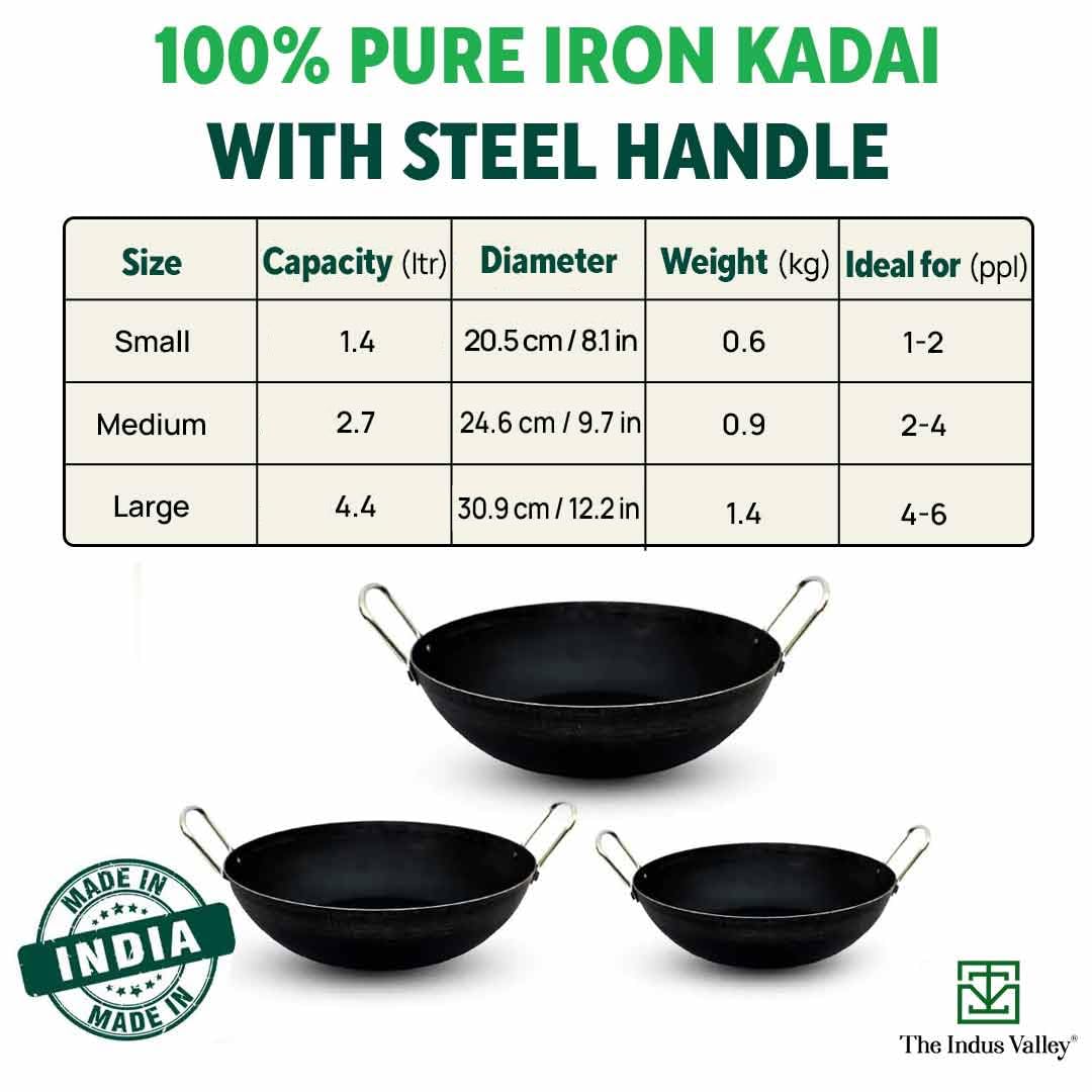 Pre-Seasoned Black Iron Kadai With Strong Handles - Small, 20.7 Cm, 8.1 Inch, 1.4 Liters, 0.64 Kg | Induction Friendly, Pre-Seasoned Iron Kadhai, 100% Pure & Toxin-Free, No Chemical Coating